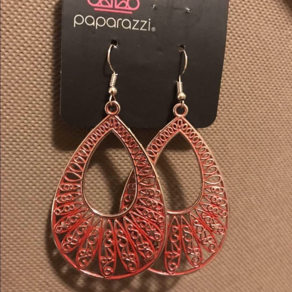 Paparazzi silver & red dangle earring